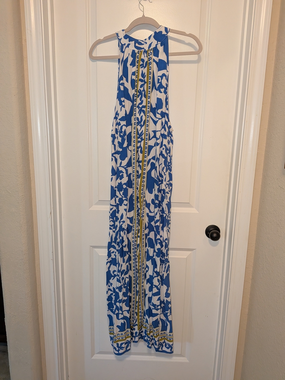 Vince Camuto Blue and White Halter Maxi Dress with Yellow Trim
